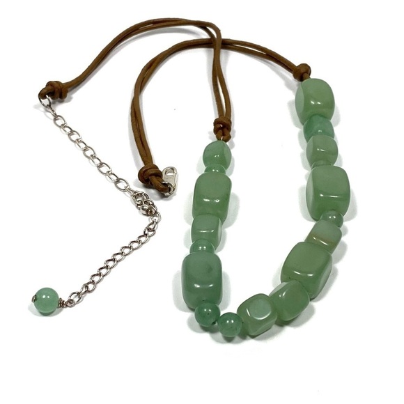 Necklace Jadeite Green Stones Brown Leather 925 Findings 17.5”+4” - Picture 7 of 15